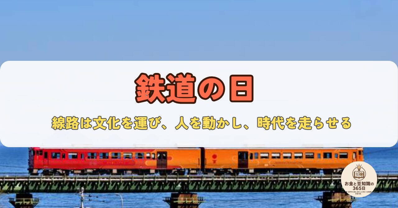 鉄道の日を伝えるバナー画像。オレンジと青の列車と記念日の文字入り。