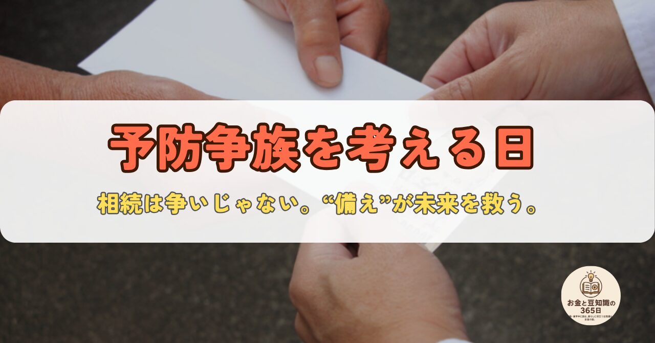 相続トラブルを未然に防ぐための「予防相続を考える日」啓発用ビジュアル。家族の手と資料が写る画像。
