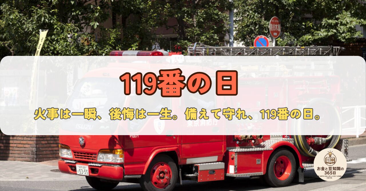 119番の日のイメージ画像。消防車と救急車が写っており、防災意識向上を訴える構成。