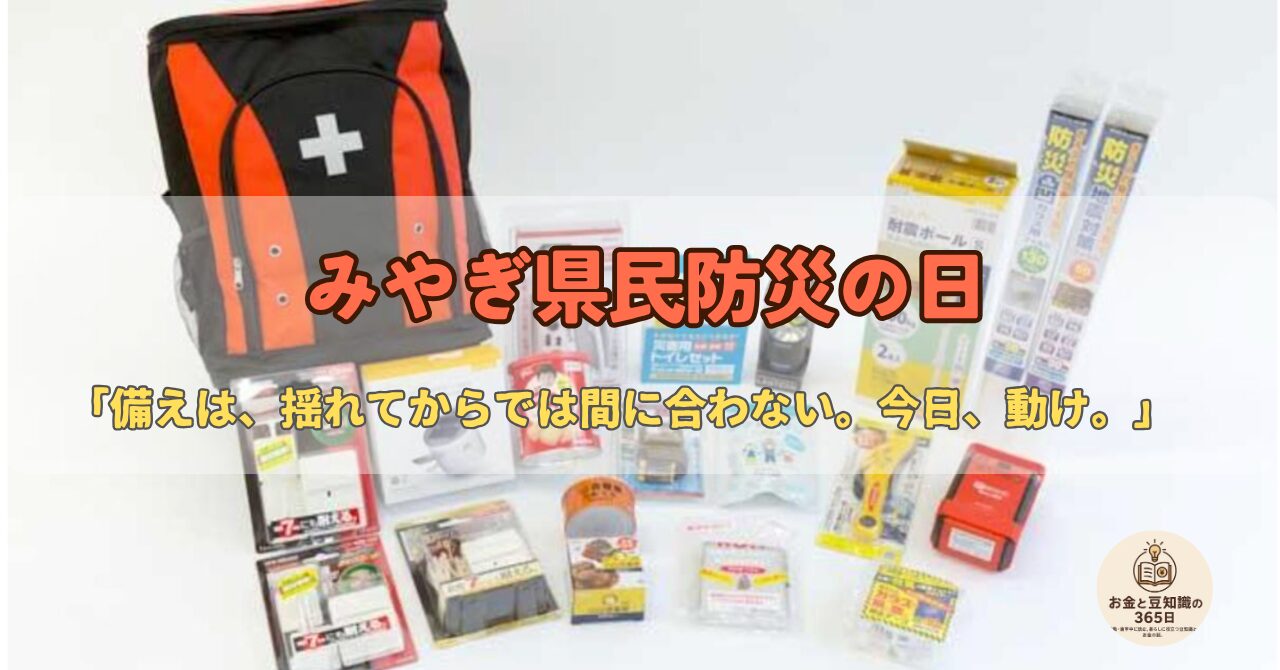 防災リュックや備蓄品と生活防衛資金など、みやぎ県民防災の日の備えを解説するイメージ